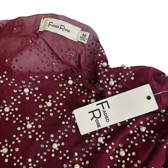 FADED ROSE BURGUNDY LONG SLEEVE MESH PEARL BEADED BLOUSE FADED ROSE  MEDIUM NWT. - Picture 8 of 8